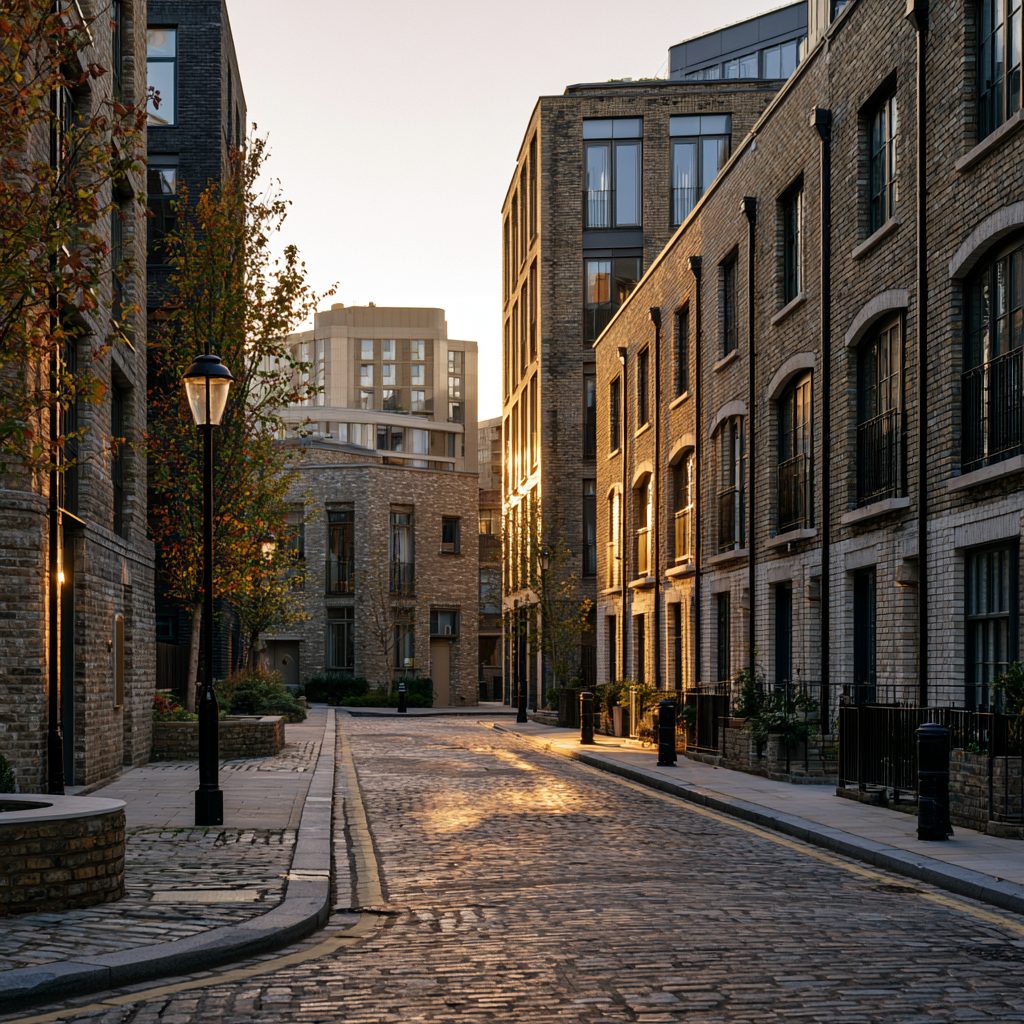 A quiet cobbled mews in Belgravia at dusk, lamplight on brick townhouses
